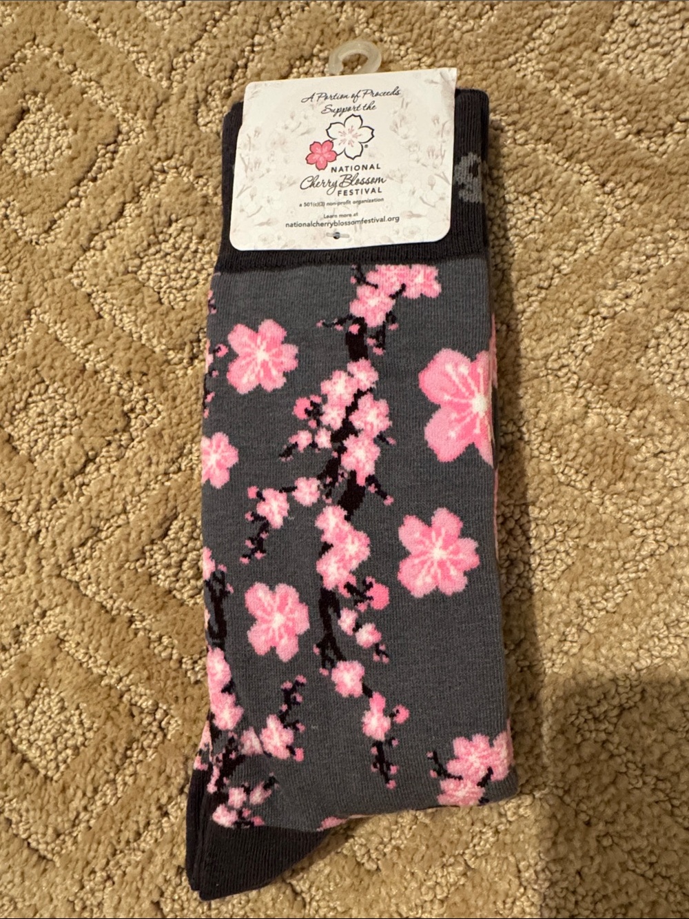 Women's Gray Crew Socks with Cherry Blossom print -NWT